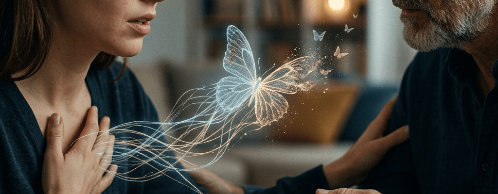 Man and woman engaging in an emotional moment with glowing butterflies between them