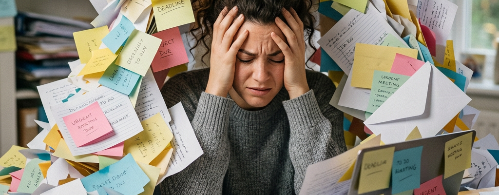 Stressed woman holding her head amid many sticky notes and paperwork at desk