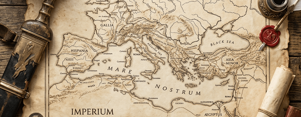 Map of the Roman Empire around 117 AD with surrounding historical artifacts including a helmet, dagger, coins, compass, inkwell, quill, candles, and scroll.