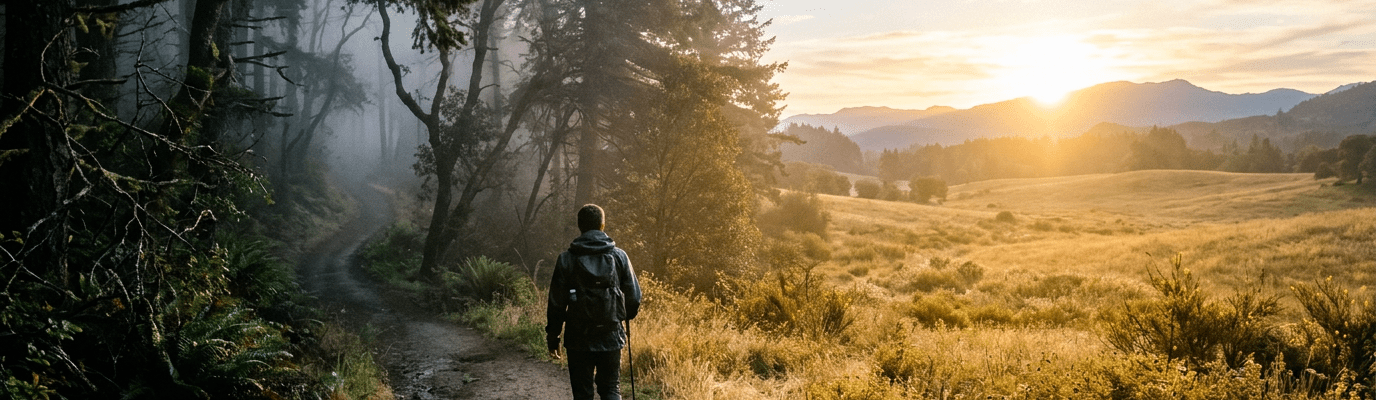 Hiker walking on a dirt trail through a foggy forest toward sunlit fields
