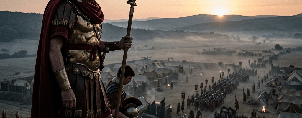 Roman general in armor with a staff overlooking a large army and camp at sunrise