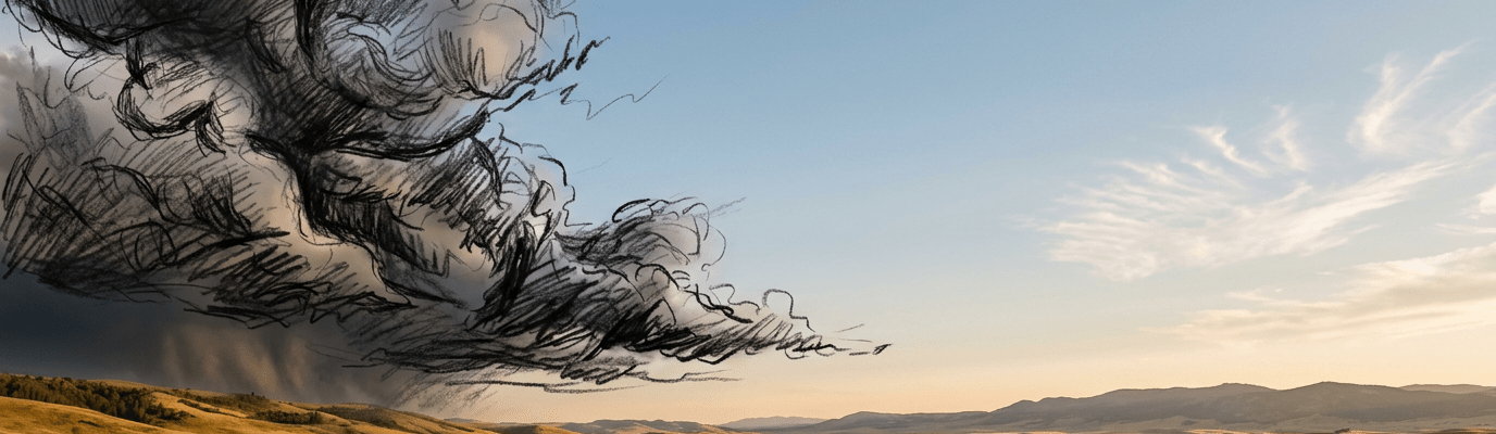 Golden fields with a winding river under a sky partly covered by dark, sketch-like storm clouds