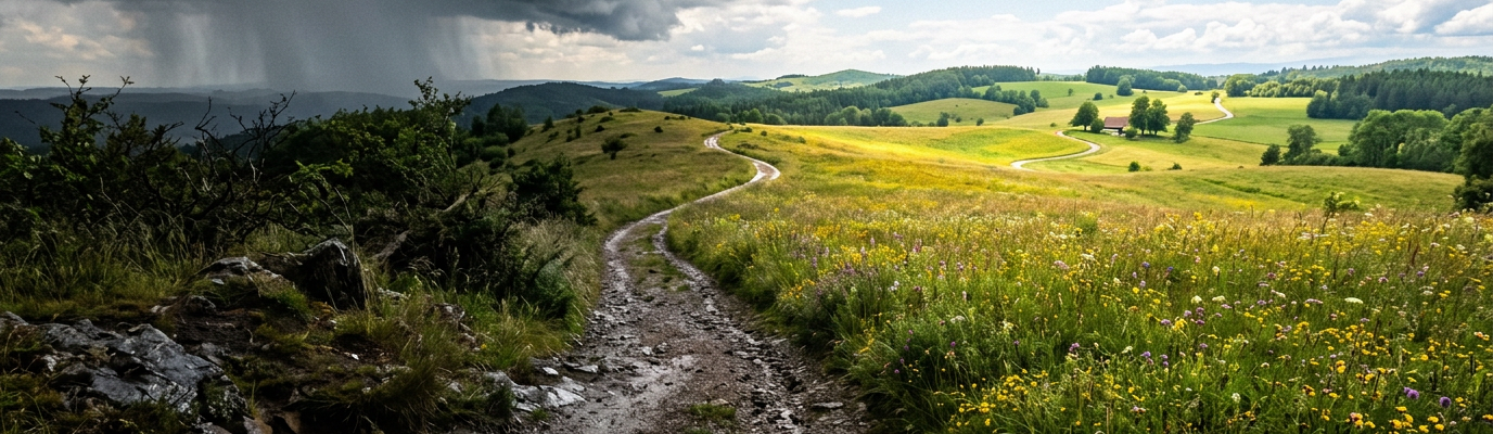 Winding dirt path with storm clouds on left and sunlit meadow with wildflowers on right