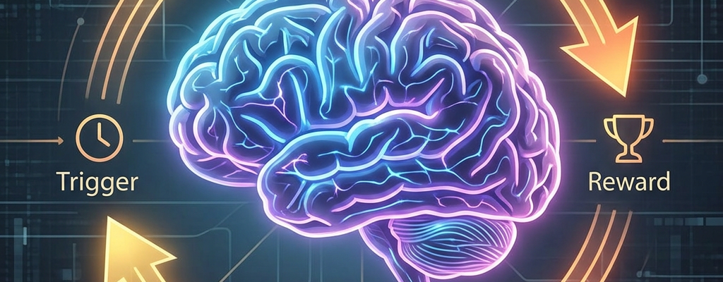 Digital brain with arrows linking trigger, behavior, and reward habit cycle