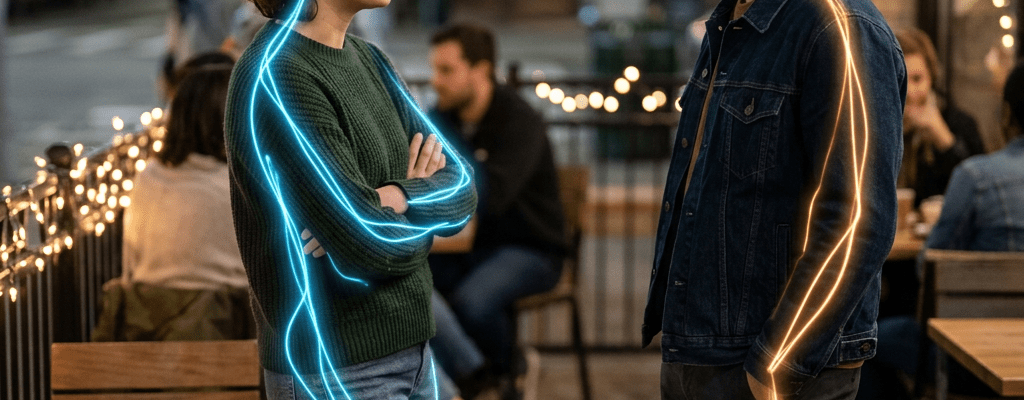 Two people facing each other having a conversation at an outdoor café at night with neon light outlines on their bodies.