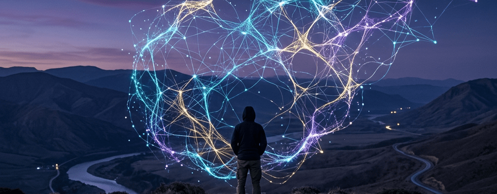 Person standing on a hill looking at glowing interconnected digital network in night sky