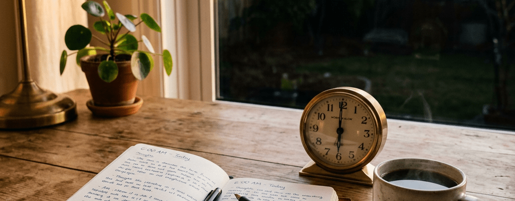 Open journal with handwritten notes, two pens, an analog clock, coffee cup on wooden desk
