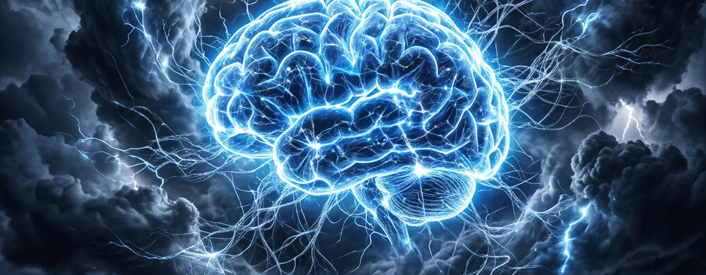 Glowing blue electric brain surrounded by lightning and storm clouds over coastal mountains