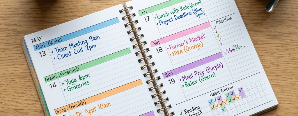 Weekly planner open to May 13-19 with color-coded notes and habit tracker
