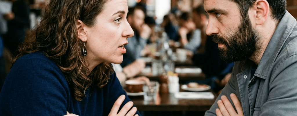 Two people sitting across from each other at a café table, talking intensely