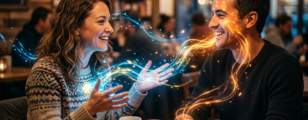 Smiling couple at cafe exchanging glowing magical streams from hands and faces