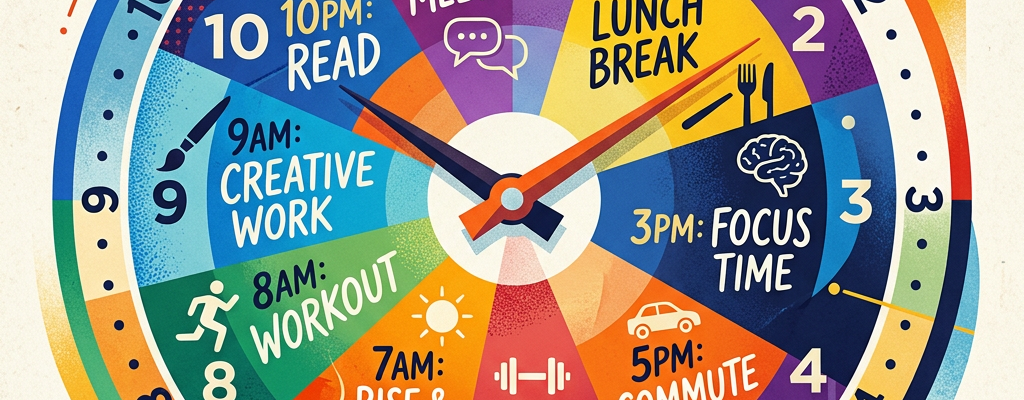 Clock showing daily tasks including rise and shine at 7am, workout at 8am, creative work at 9am, reading at 10pm, meetings at 11am, lunch break at 1pm, focus time at 3pm, commute at 5pm, and exercise at 6pm.