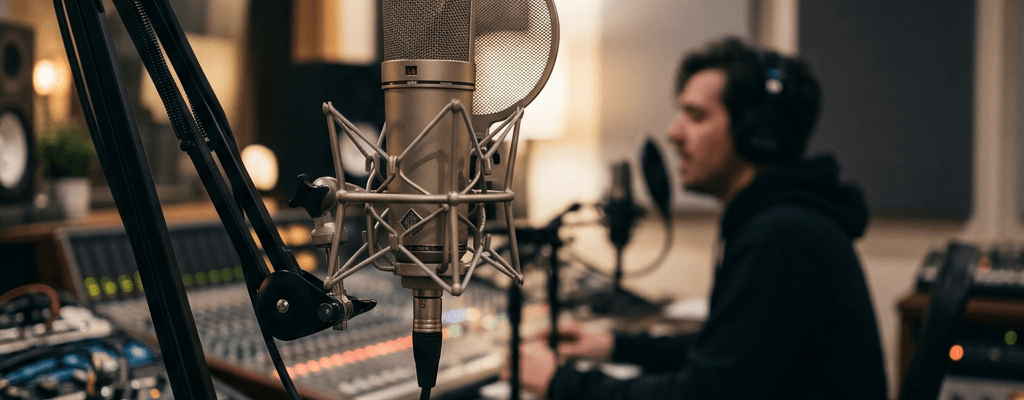 Microphone on stand in front of person wearing headphones in recording studio