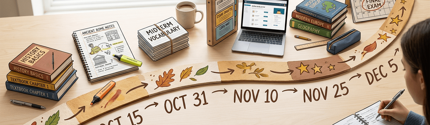 Study timeline from Oct 1 to Dec 5 with books, notes, and exam calendar
