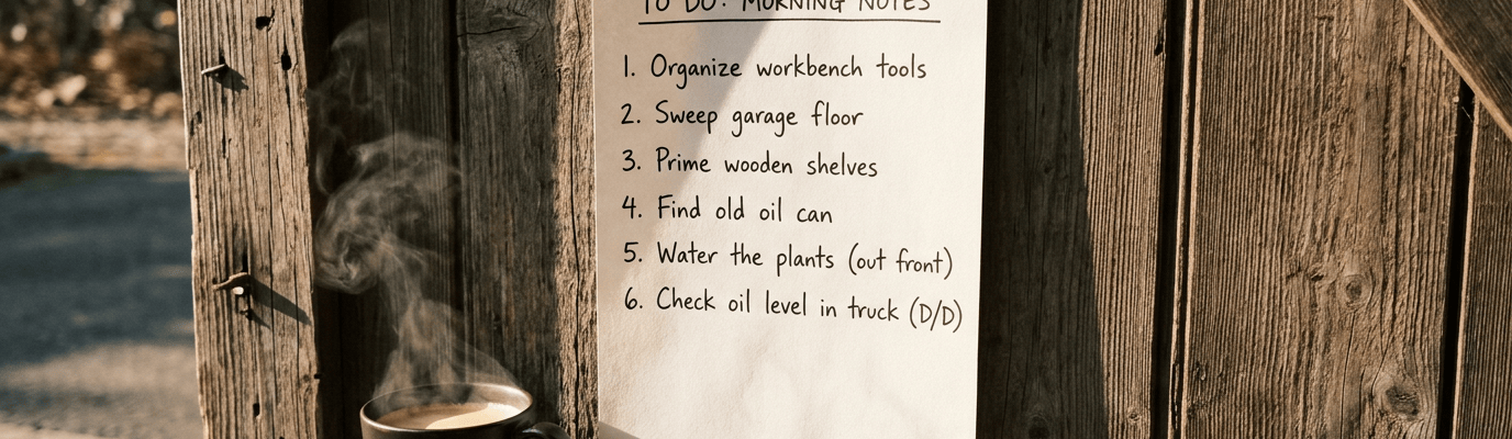 Handwritten “TO DO: MORNING NOTES” listing six garage and truck maintenance tasks beside coffee.