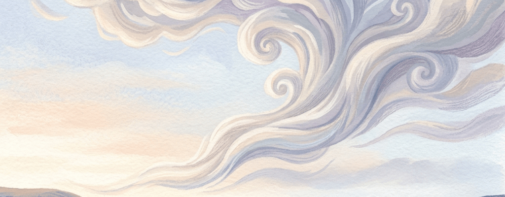 Pastoral valley with winding river, distant homes, and swirling pastel clouds