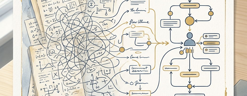 Hand-drawn mathematical notes beside a flowchart labeled UNM SCHEMATIC and LOGICAL FLOW